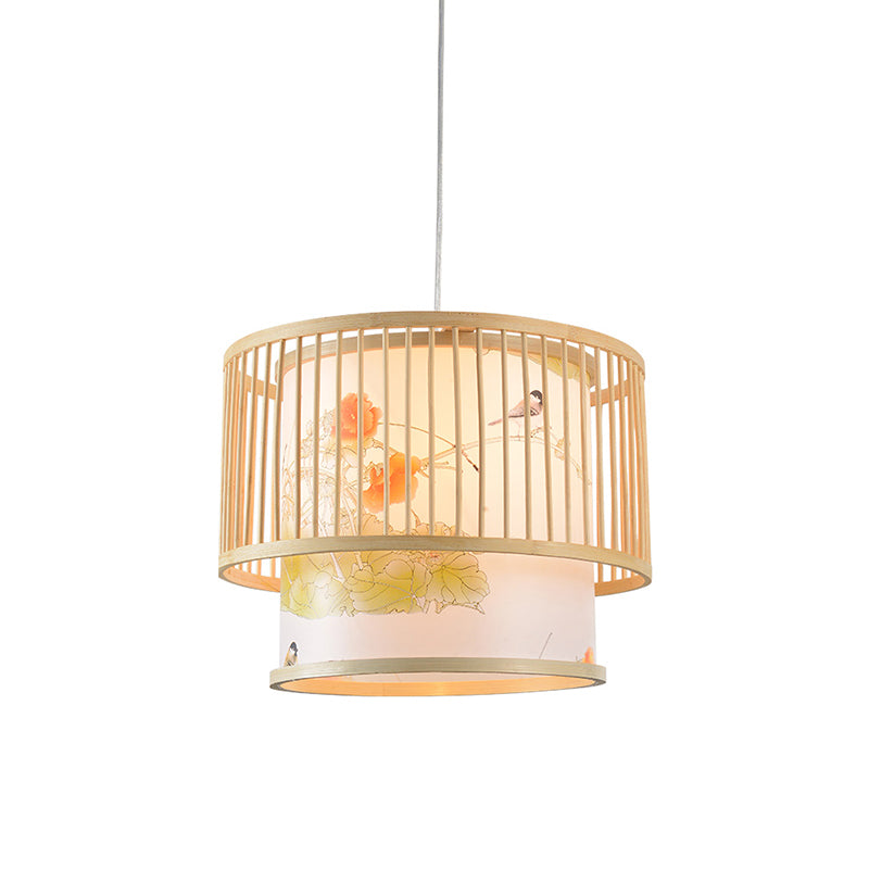 Drum Bamboo Pendant Lamp Asian 1-Light Beige Ceiling Light with Cylindrical Printed Shade