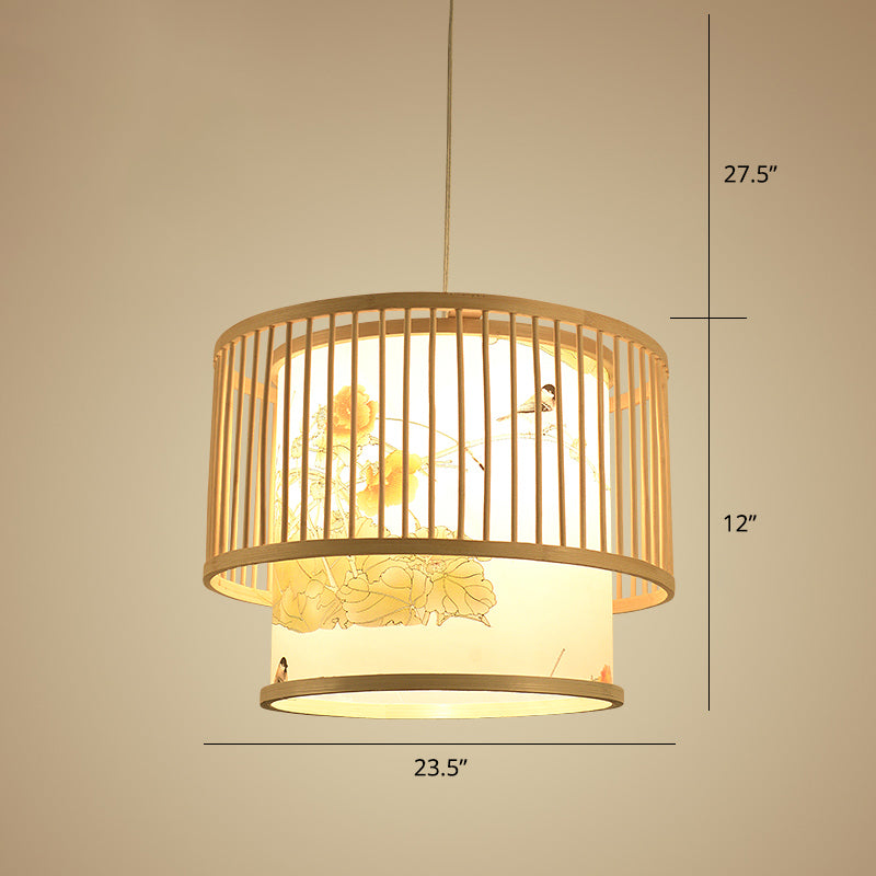 Drum Bamboo Pendant Lamp Asian 1-Light Beige Ceiling Light with Cylindrical Printed Shade