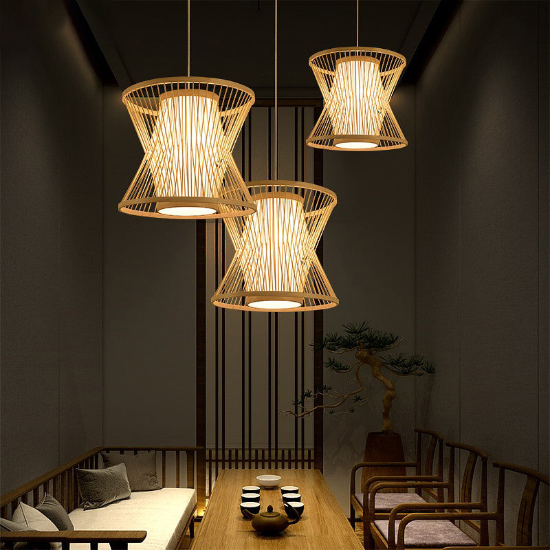 Symmetric Cage Pendant Lighting Nordic Bamboo 1 Bulb Beige Pendulum Light for Restaurant