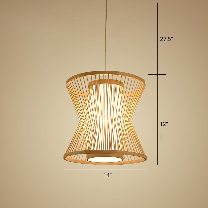 Symmetric Cage Pendant Lighting Nordic Bamboo 1 Bulb Beige Pendulum Light for Restaurant