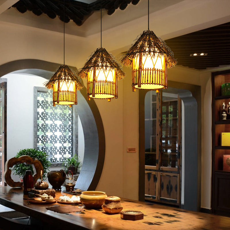 Asian House Shaped Pendant Lamp Bamboo Single-Bulb Restaurant Hanging Light Fixture