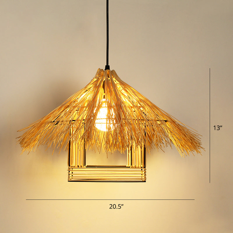 Asian House Shaped Pendant Lamp Bamboo Single-Bulb Restaurant Hanging Light Fixture