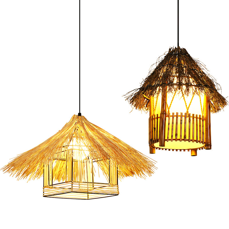 Asian House Shaped Pendant Lamp Bamboo Single-Bulb Restaurant Hanging Light Fixture