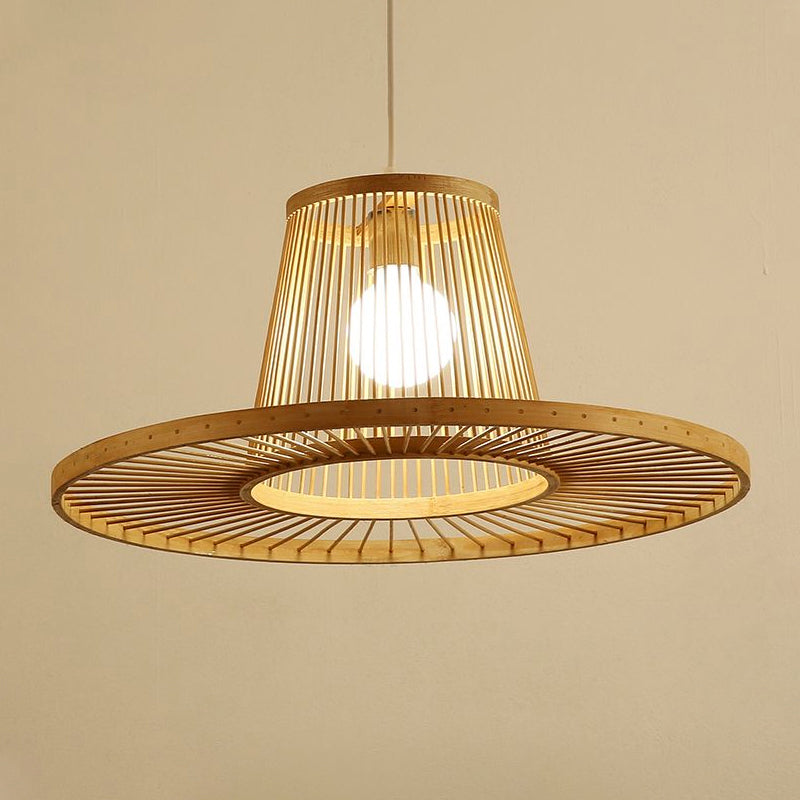 Modern Hat Shaped Pendant Light Bamboo 1 Head Dining Room Pendulum Light in Beige