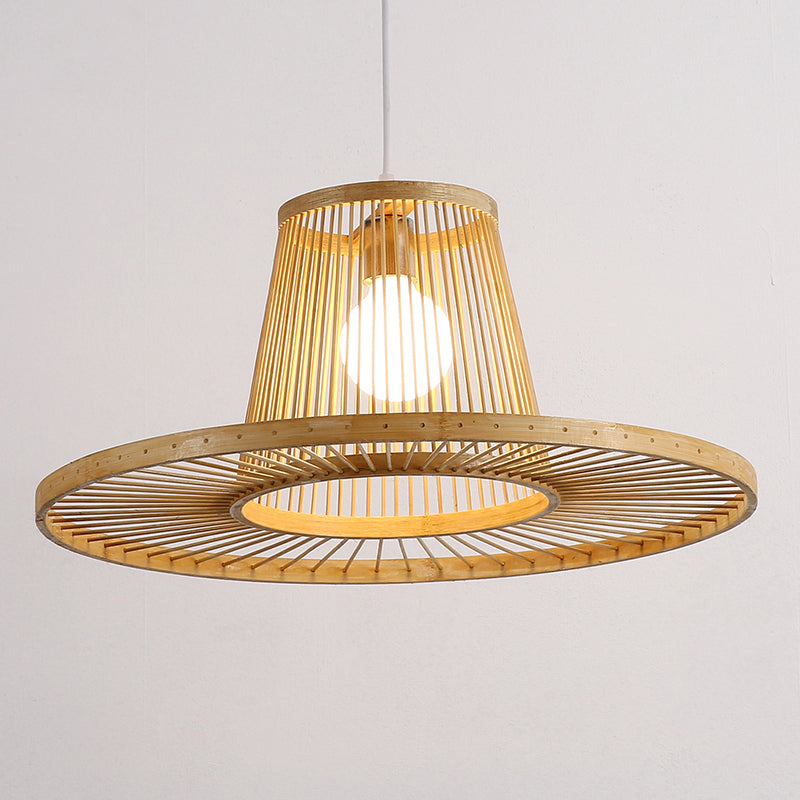 Modern Hat Shaped Pendant Light Bamboo 1 Head Dining Room Pendulum Light in Beige