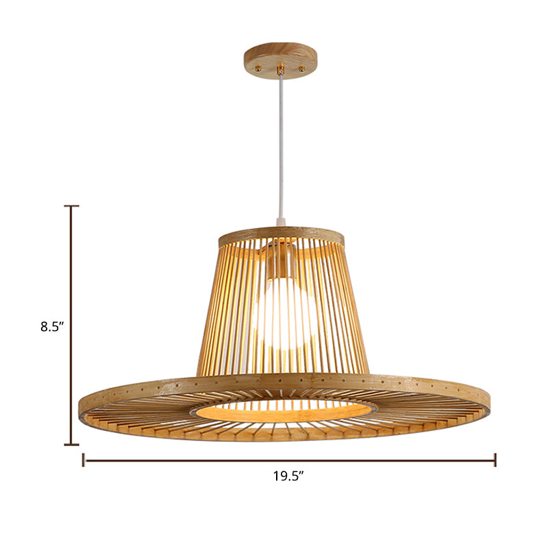Modern Hat Shaped Pendant Light Bamboo 1 Head Dining Room Pendulum Light in Beige