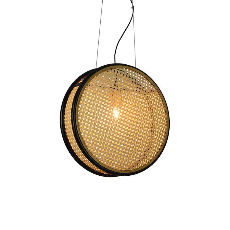 Beige Circle Hanging Ceiling Light Creative Asian 1-Light Rattan Drop Pendant for Bedroom