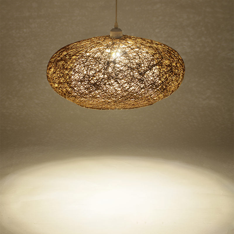 Minimalist Round Pendant Lighting Fixture Rattan 1 Head Tearoom Ceiling Hang Lamp in Dark Tan