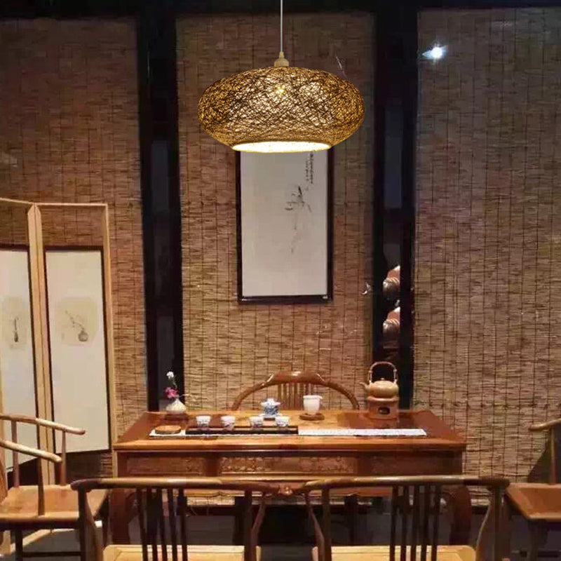 Minimalist Round Pendant Lighting Fixture Rattan 1 Head Tearoom Ceiling Hang Lamp in Dark Tan