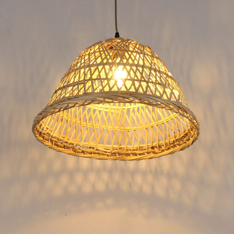 Beige Bell Shaped Pendant Lighting Nordic 1 Head Bamboo Hanging Ceiling Light for Dining Room