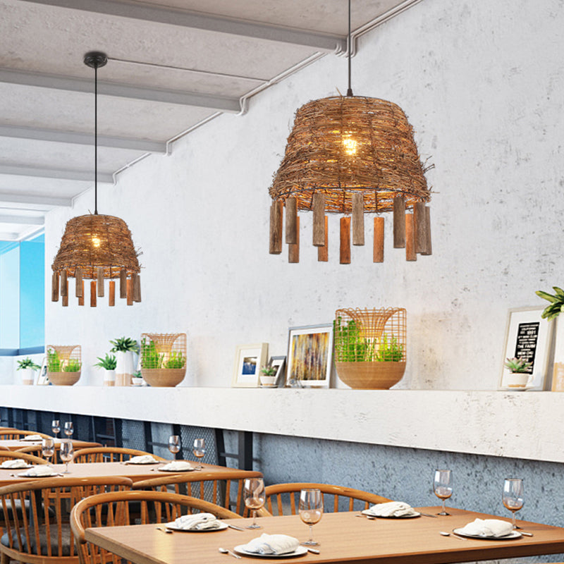 Rattan Conical Frustum Hanging Light Country 1-Bulb Restaurant Ceiling Pendant with Sticks Deco in Brown