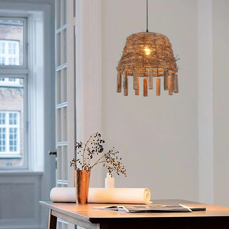 Rattan Conical Frustum Hanging Light Country 1-Bulb Restaurant Ceiling Pendant with Sticks Deco in Brown
