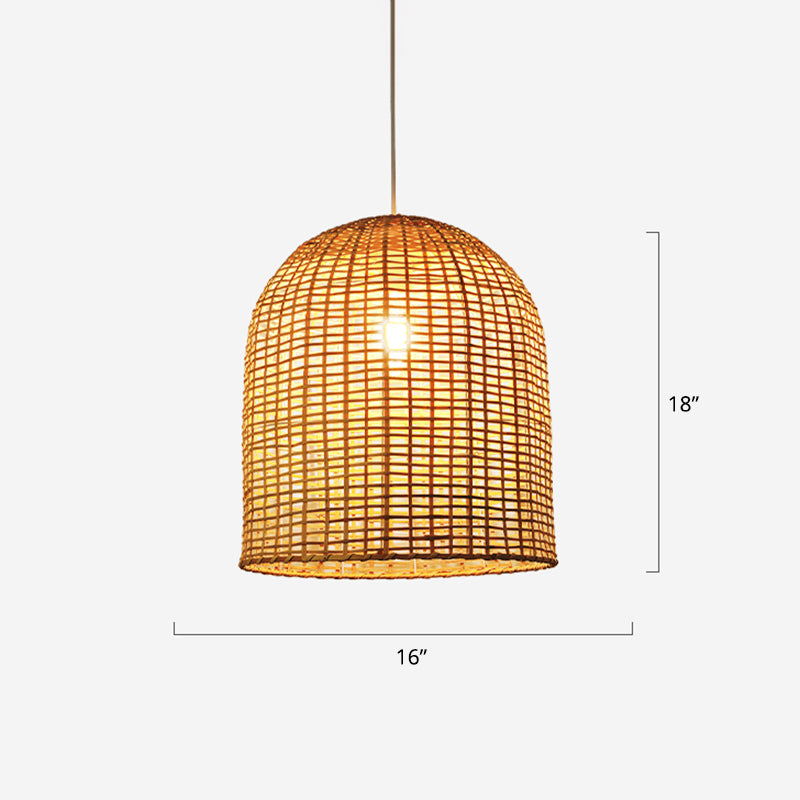 Asia Single-Bulb Pendant Lamp Beige Cloche Shaped Suspension Light with Bamboo Shade