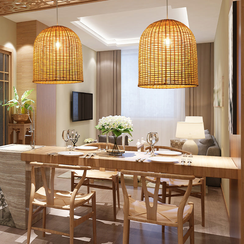 Asia Single-Bulb Pendant Lamp Beige Cloche Shaped Suspension Light with Bamboo Shade