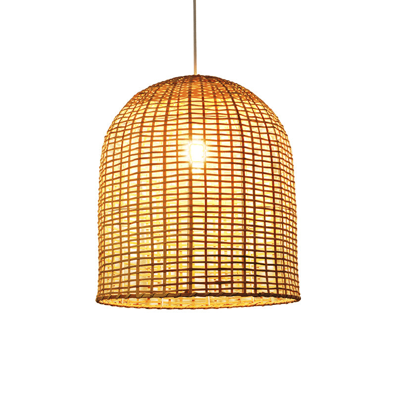 Asia Single-Bulb Pendant Lamp Beige Cloche Shaped Suspension Light with Bamboo Shade