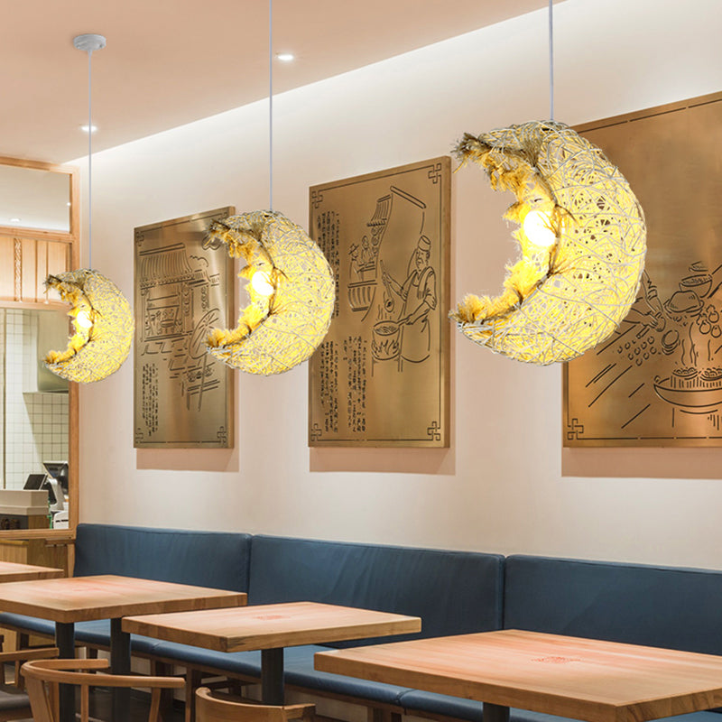Mondform hängende Lampe moderner Rattan 1 Kopf Restaurant Hängsbeleuchtung