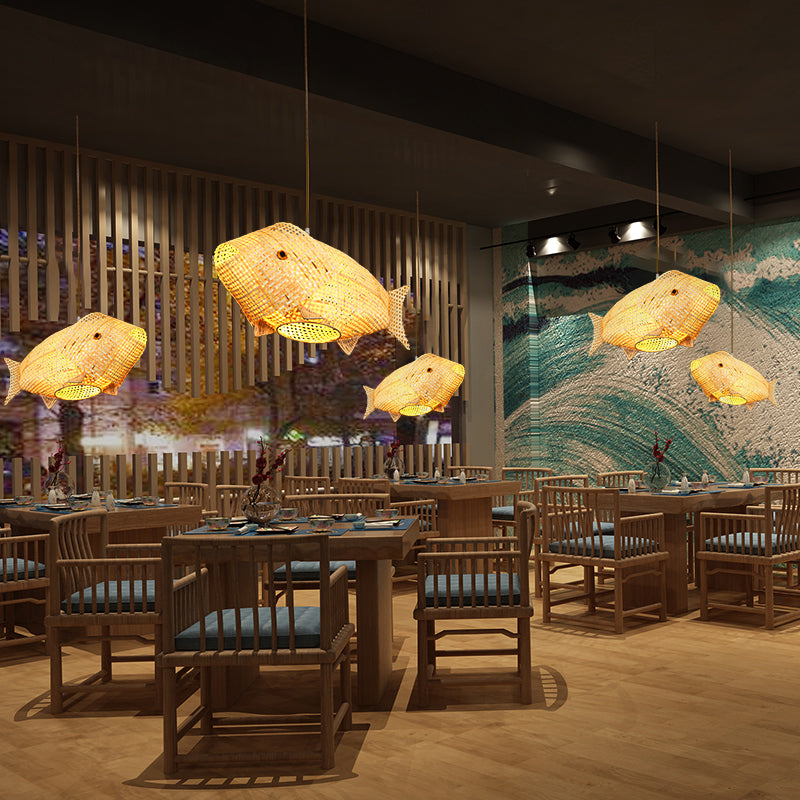 Bamboo Fish Hanging Pendant Light South-East Asia Single Beige Ceiling Light for Restaurant