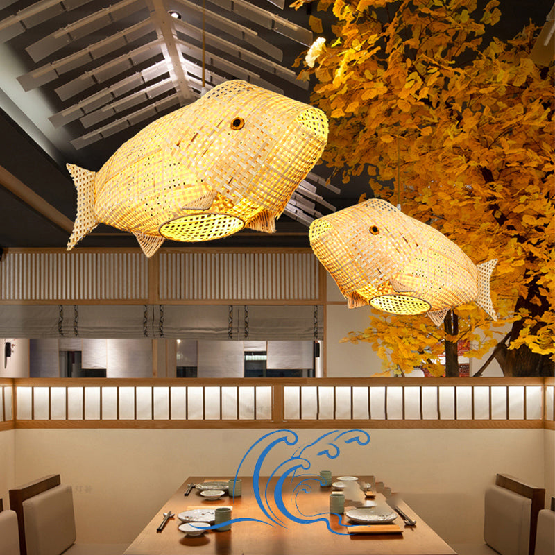 Bamboo Fish Hanging Pendant Light South-East Asia Single Beige Ceiling Light for Restaurant