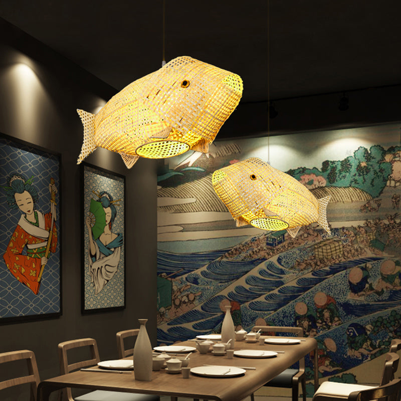 Bamboo Fish Hanging Pendant Light South-East Asia Single Beige Ceiling Light for Restaurant