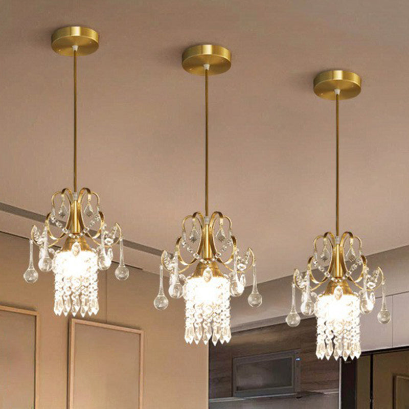 Gold 1-Light Pendant Lighting Traditional Clear Crystal Fringe Suspension Light for Dining Room