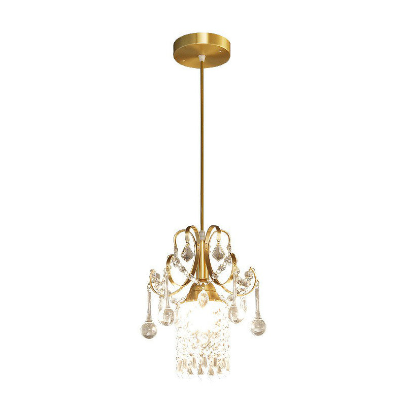 Gold 1-Light Pendant Lighting Traditional Clear Crystal Fringe Suspension Light for Dining Room