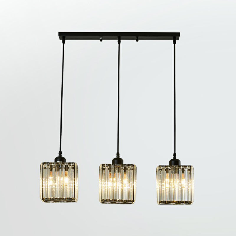 Shaded Multi-Light Pendant Modern Crystal Block 3-Head Dining Room Ceiling Light in Black
