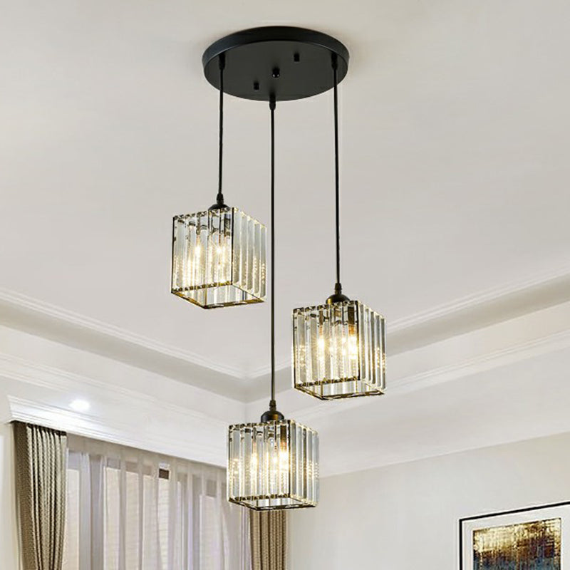 Shaded Multi-Light Pendant Modern Crystal Block 3-Head Dining Room Ceiling Light in Black