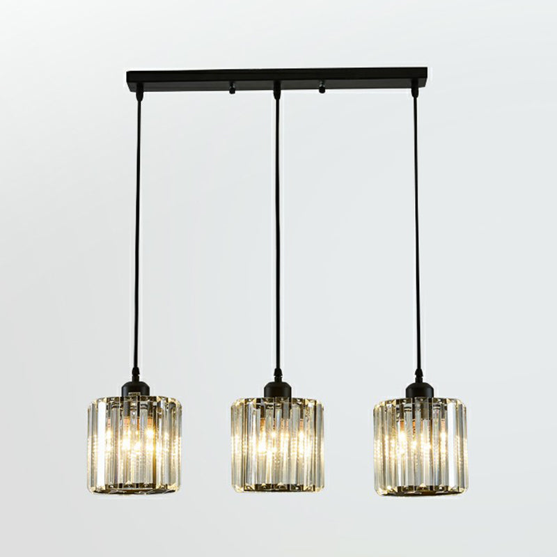 Shaded Multi-Light Pendant Modern Crystal Block 3-Head Dining Room Ceiling Light in Black