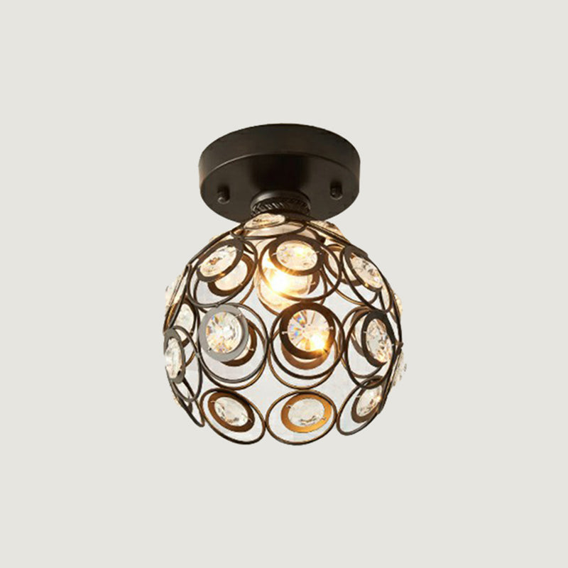 Black Ball Semi Flush Light Retro Single-Bulb Crystal Ceiling Light for Corridor