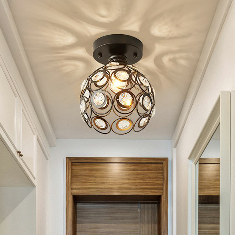 Black Ball Semi Flush Light Retro Single-Bulb Crystal Ceiling Light for Corridor