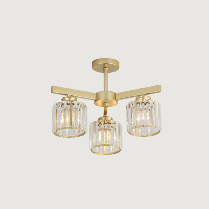 Crystal Cylinder Ceiling Mounted Light Minimalistic Golden Semi Flush Mount Fixture for Bedroom