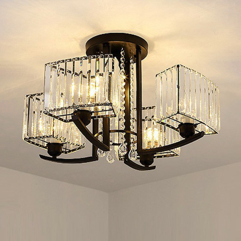 Rectangle Bedroom Semi Flush Ceiling Light Crystal Contemporary Flush Mount Lamp in Black