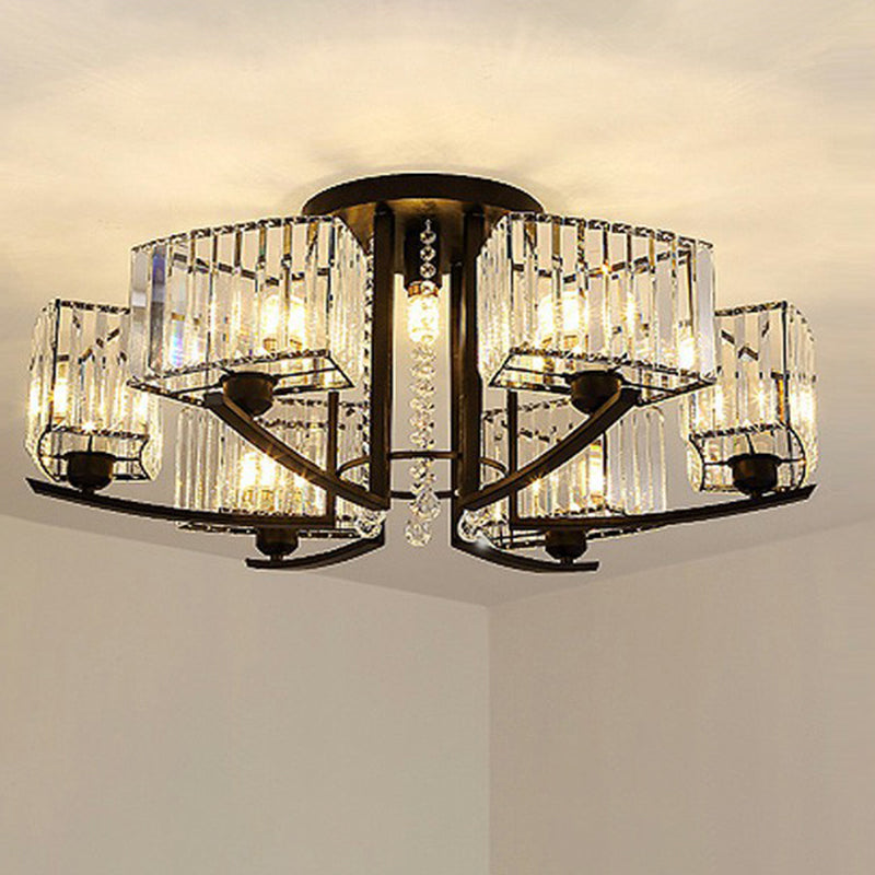 Rectangle Bedroom Semi Flush Ceiling Light Crystal Contemporary Flush Mount Lamp in Black