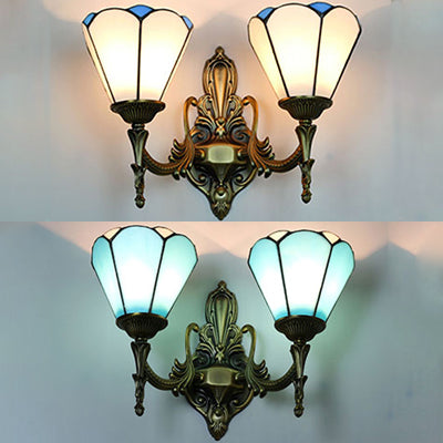 Stained Glass Cone Wall Sconce Light 2 Lights Vintage Loft Wall Mount Light in White/Blue for Bedroom