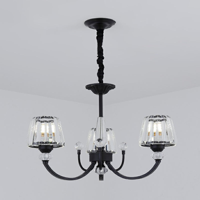 Conical Hanging Chandelier Minimalist Crystal Black Suspension Light with Arched Arm