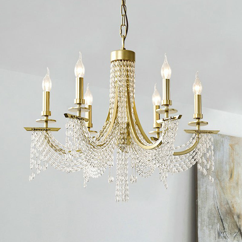 Baroque Candle Chandelier 6-Bulb Metal Suspension Lighting with Crystal Chain in Gold