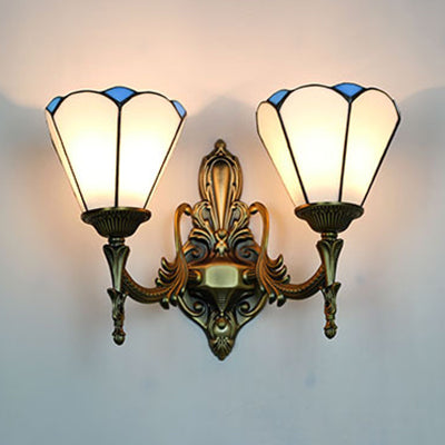 Stained Glass Cone Wall Sconce Light 2 Lights Vintage Loft Wall Mount Light in White/Blue for Bedroom