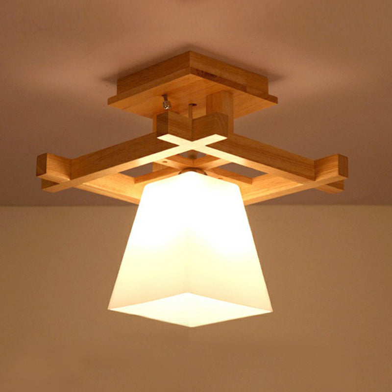 Wood Trapezoidal Ceiling Light Nordic Single-Bulb White Glass Semi Flush Mount for Foyer