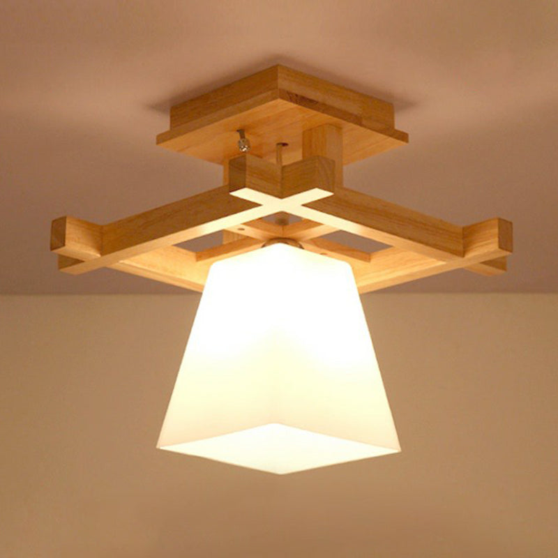 Wood Trapezoidal Ceiling Light Nordic Single-Bulb White Glass Semi Flush Mount for Foyer
