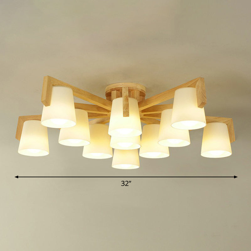 Conic Living Room Semi Flush Ceiling Light Frosted Glass Modern Flush Mount Light in Wood