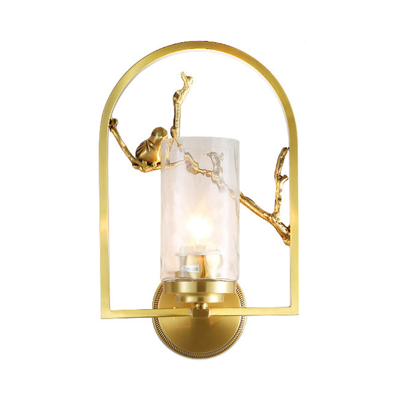 Cylindrical Sconce Light Traditionary Metal 1/2 Heads Gold Wall Lamp Fixture with Bird Deco