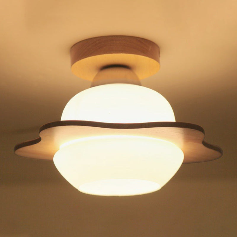 Blumenkorridor halb Flush Mount Leuchte Creme Glas 1-Licht nordische Deckenbehandlung in Holz