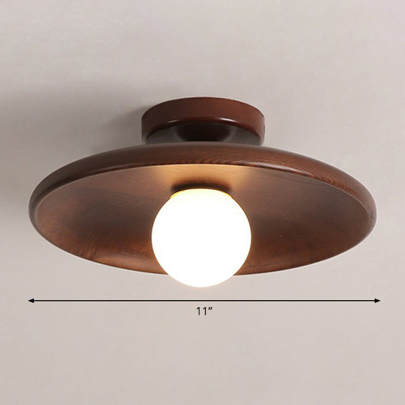 Shallow Bowl Shaped Ceiling Lamp Minimalist Wooden 1 Head Aisle Semi Flush Mount Light