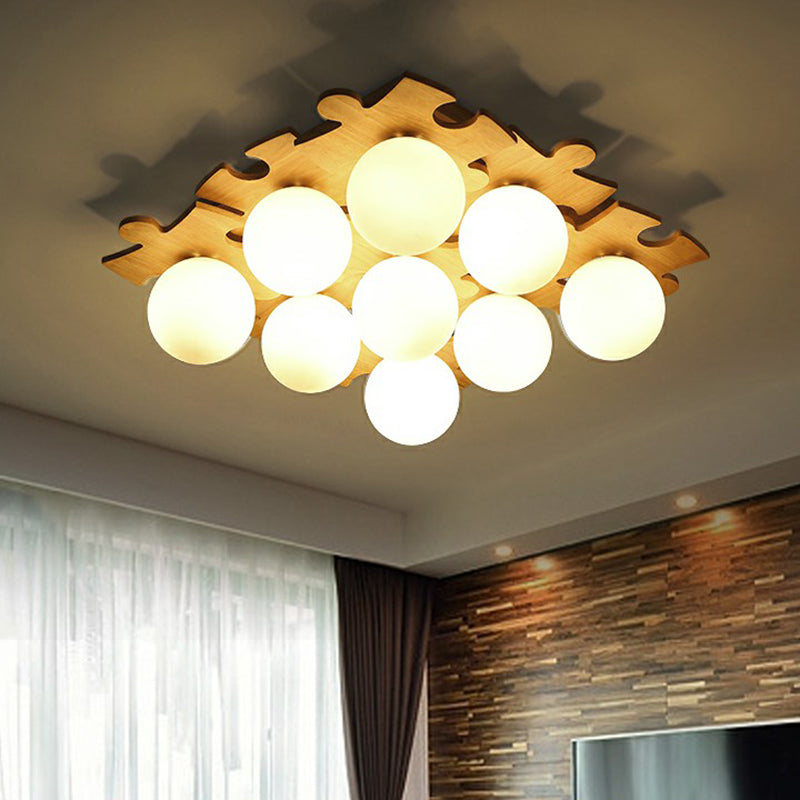 Wit glazen bal semi spoel licht modern houten plafond gemonteerd licht met puzzelontwerp