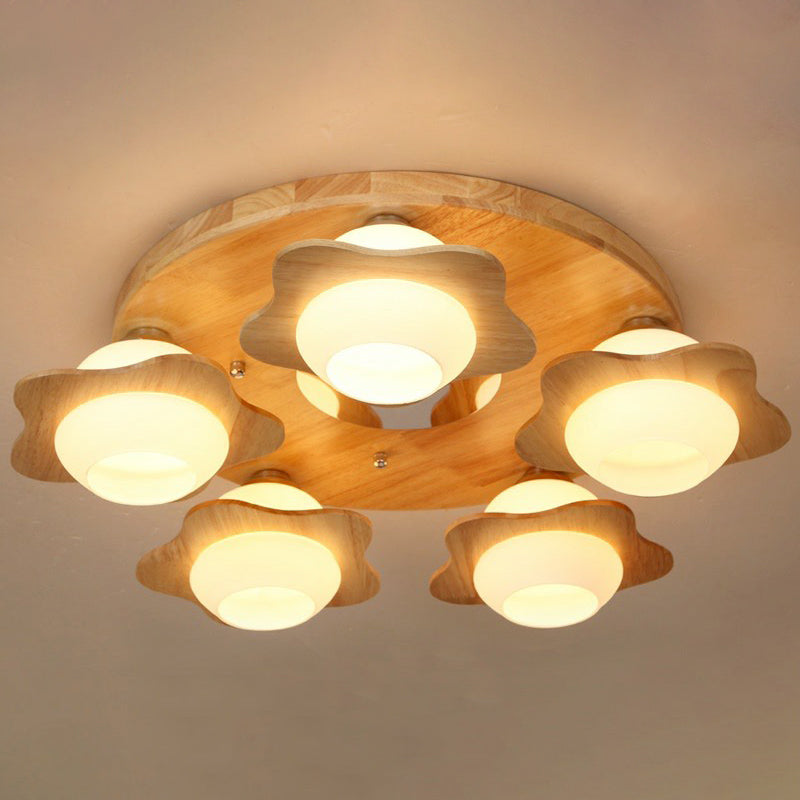 5 lichten slaapkamer spoelplafondlicht modern hout spoeling met bloem ivoor glazen schaduw