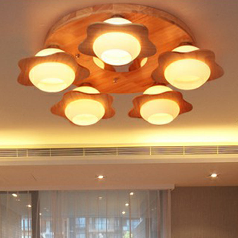 5 lichten slaapkamer spoelplafondlicht modern hout spoeling met bloem ivoor glazen schaduw
