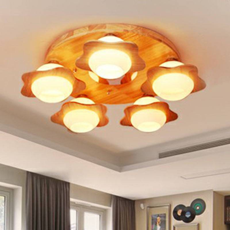 5 lichten slaapkamer spoelplafondlicht modern hout spoeling met bloem ivoor glazen schaduw