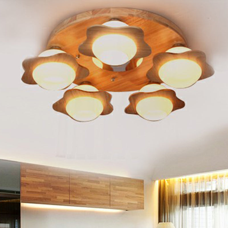 5 lichten slaapkamer spoelplafondlicht modern hout spoeling met bloem ivoor glazen schaduw