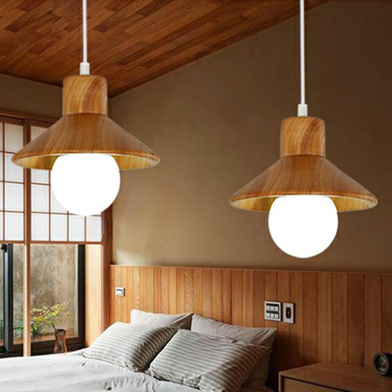 Cone Shaped Restaurant Hanging Lamp Wooden 1 Head Nordic Ceiling Light in Beige-White