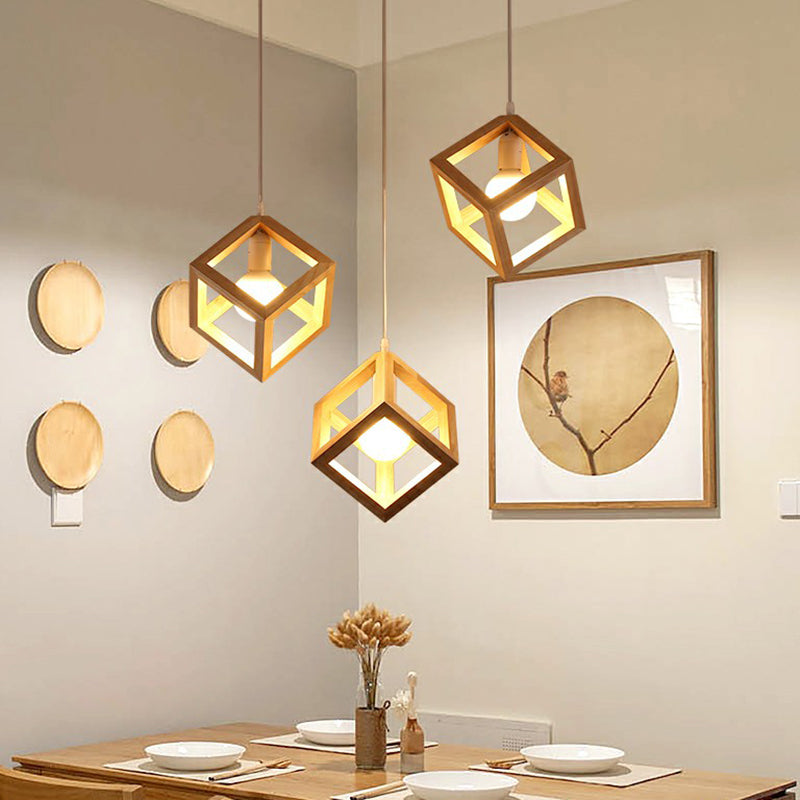 Wood Cube Cluster Pendant Light Contemporary 3-Head Suspension Light for Dining Room